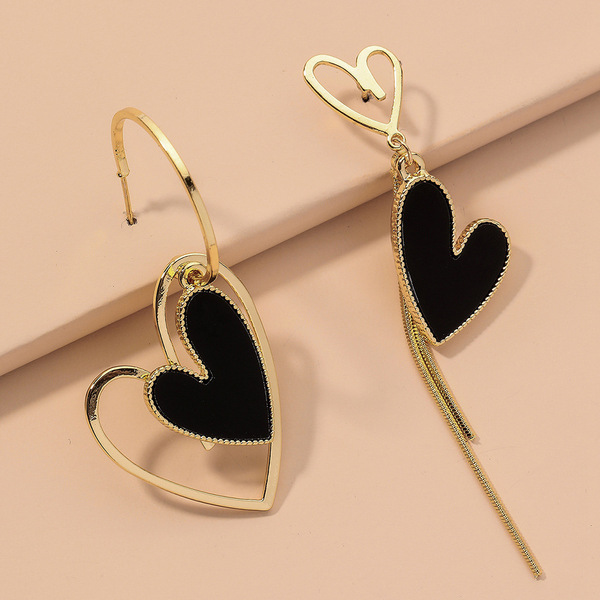 ( BLACK COLOR) European and American Retro Asymmetric Hollow Love Silver Needle Earrings Simple Fashion Elegant Niche Environmental Protection Earrings for Women